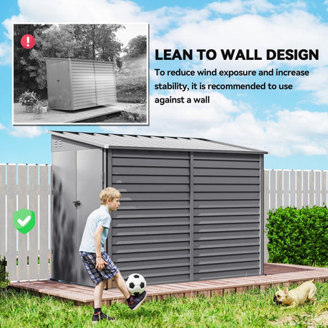 Outsunny 5 x 9ft Galvanised Metal Garden Shed with Foundation Kit, Outdoor Lean-to Shed, Tool Storage House with Lockable Doors, Gloves and 2 Air Vents for Patio, Garden, Grey - Dandys Landscape Supplies