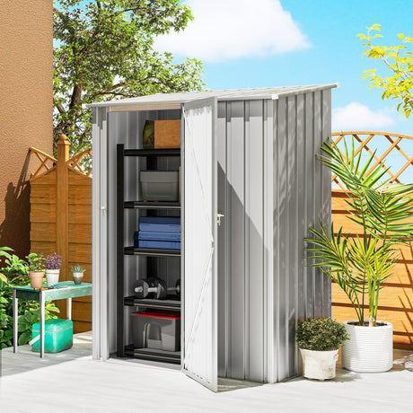 Outsunny 5ft x 3ft Garden Storage Shed, Outdoor Metal Shed with Sloped Roof, Aluminium Grey - Dandys Landscape Supplies
