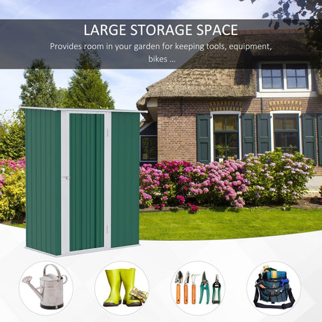 Outsunny 5ft x 3ft Metal Garden Storage Shed, Outdoor Tool Shed with Sloped Roof, Lockable Door for Tools, Equipment, Green - Dandys Landscape Supplies