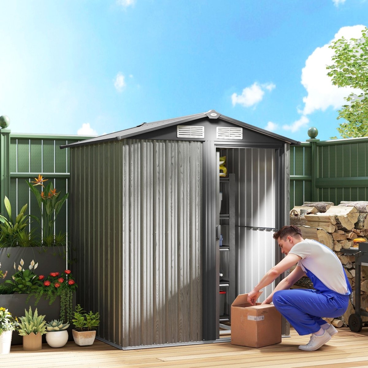 Outsunny 5ft x 4.3ft Outdoor Garden Storage Shed - Grey Wood Effect - Dandys Landscape Supplies