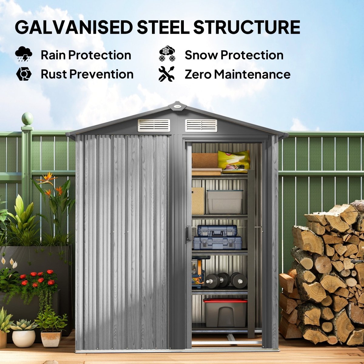Outsunny 5ft x 4.3ft Outdoor Garden Storage Shed - Grey Wood Effect - Dandys Landscape Supplies