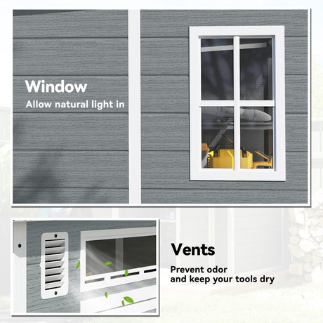 Outsunny 6 x 6 ft Plastic Garden Shed, Wood-Effect Outdoor Storage Shed with Floor, Windows, Lockable Doors and Vents, Grey - Dandys Landscape Supplies