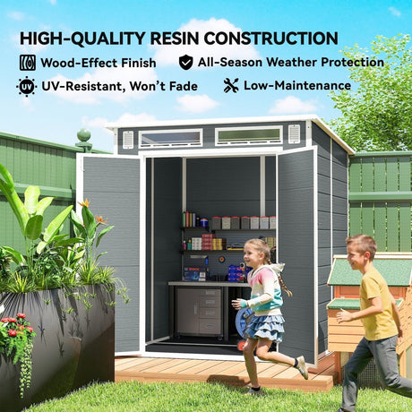 Outsunny 6 x 6 ft Plastic Garden Shed, Wood-Effect Outdoor Storage Shed with Floor, Windows, Lockable Doors and Vents, Grey - Dandys Landscape Supplies