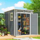 Outsunny 6 x 6 ft Plastic Garden Shed, Wood-Effect Outdoor Storage Shed with Floor, Windows, Lockable Doors and Vents, Grey - Dandys Landscape Supplies