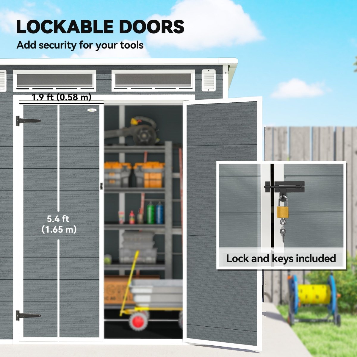 Outsunny 6 x 6 ft Plastic Garden Shed, Wood-Effect Outdoor Storage Shed with Floor, Windows, Lockable Doors and Vents, Grey - Dandys Landscape Supplies