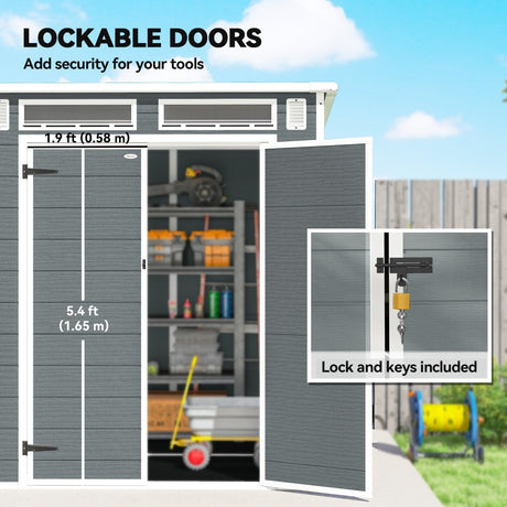 Outsunny 6 x 6 ft Plastic Garden Shed, Wood-Effect Outdoor Storage Shed with Floor, Windows, Lockable Doors and Vents, Grey - Dandys Landscape Supplies