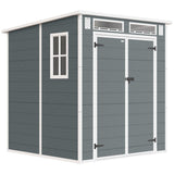 Outsunny 6 x 6 ft Plastic Garden Shed, Wood-Effect Outdoor Storage Shed with Floor, Windows, Lockable Doors and Vents, Grey - Dandys Landscape Supplies