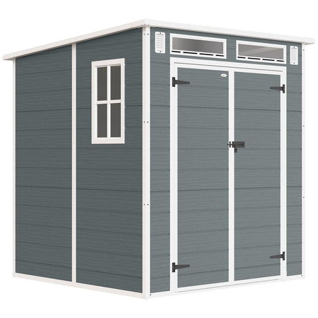 Outsunny 6 x 6 ft Plastic Garden Shed, Wood-Effect Outdoor Storage Shed with Floor, Windows, Lockable Doors and Vents, Grey - Dandys Landscape Supplies