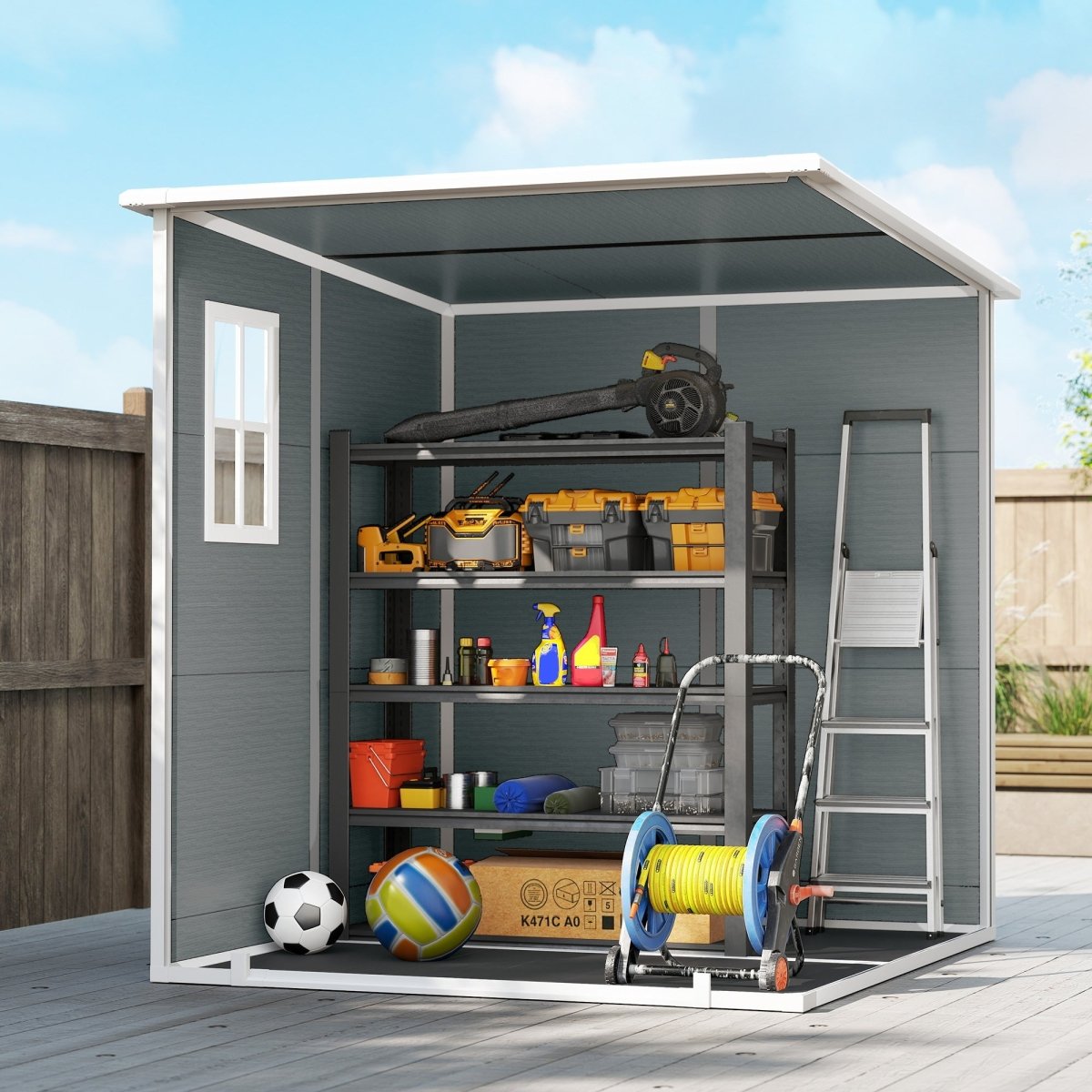 Outsunny 6 x 6 ft Plastic Garden Shed, Wood-Effect Outdoor Storage Shed with Floor, Windows, Lockable Doors and Vents, Grey - Dandys Landscape Supplies