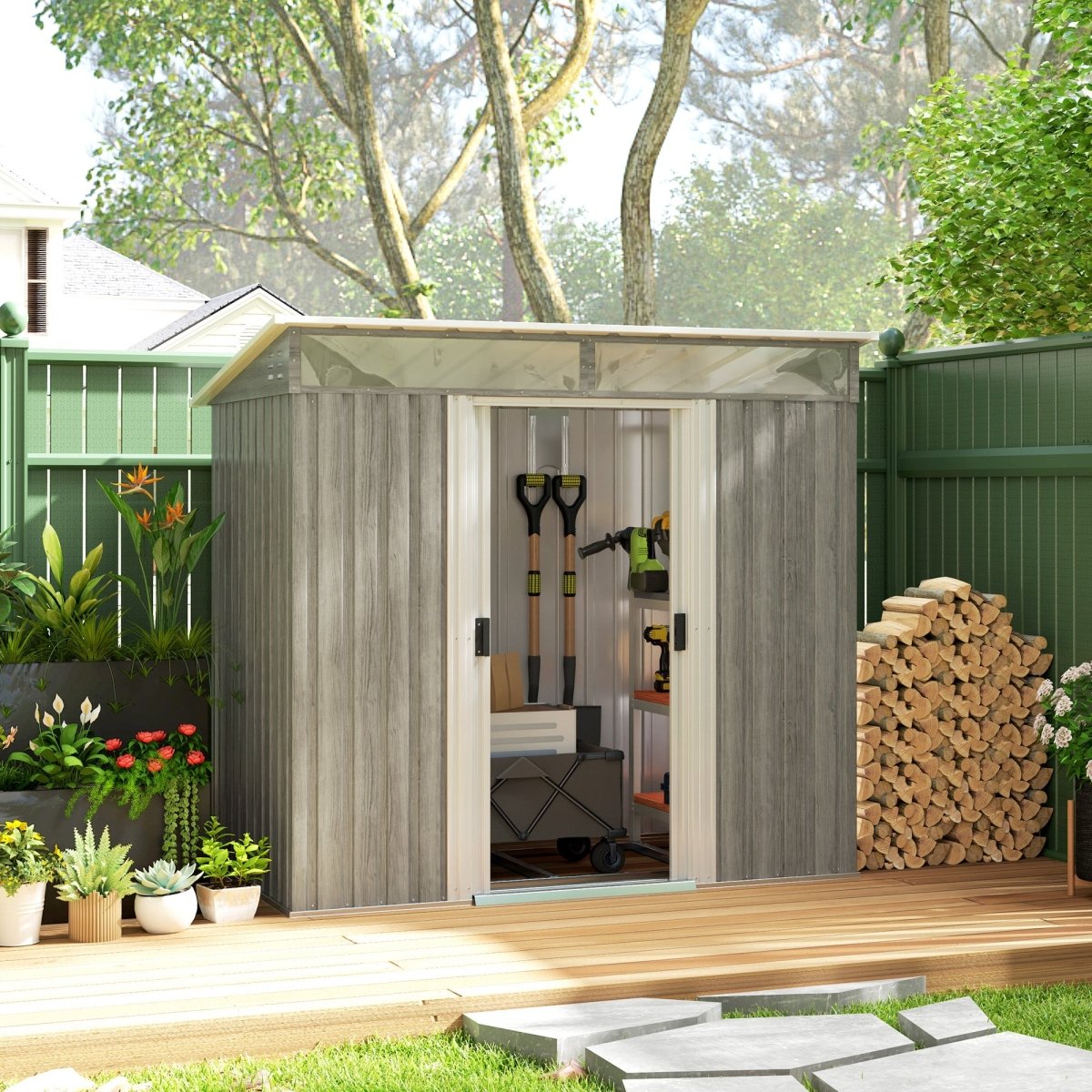 Outsunny 6.5 x 4FT Galvanised Metal Shed with Foundation Kit, Lockable Tool Garden Shed with Double Sliding Doors, Vents, Light Grey Wood Effect - Dandys Landscape Supplies