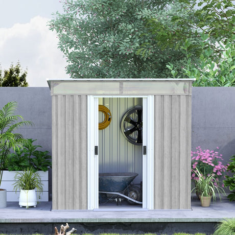 Outsunny 6.5 x 4FT Galvanised Metal Shed with Foundation Kit, Lockable Tool Garden Shed with Double Sliding Doors, Vents, Light Grey Wood Effect - Dandys Landscape Supplies