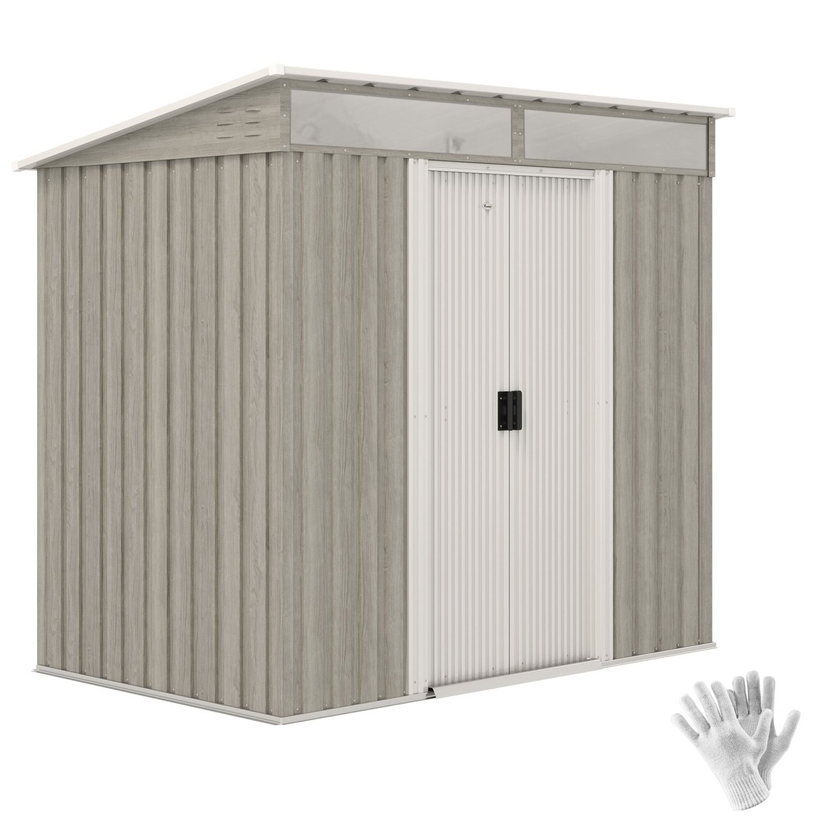 Outsunny 6.5 x 4FT Galvanised Metal Shed with Foundation Kit, Lockable Tool Garden Shed with Double Sliding Doors, Vents, Light Grey Wood Effect - Dandys Landscape Supplies