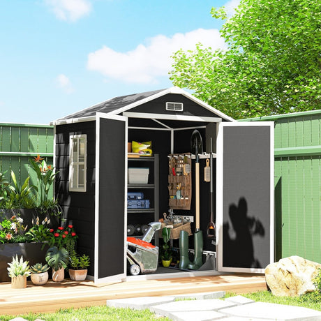Outsunny 6'x4.5' Garden Storage Shed, Lockable Garden Shed with Double Doors, Window, Vent and Plastic Roof, Black - Dandys Landscape Supplies
