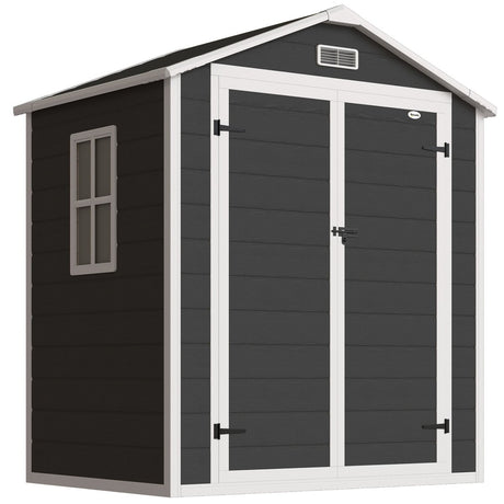 Outsunny 6'x4.5' Garden Storage Shed, Lockable Garden Shed with Double Doors, Window, Vent and Plastic Roof, Black - Dandys Landscape Supplies