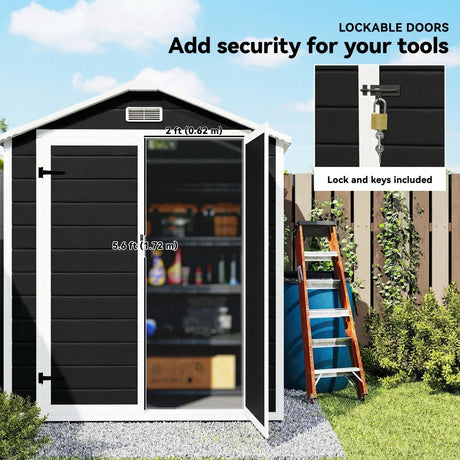 Outsunny 6'x4.5' Garden Storage Shed, Lockable Garden Shed with Double Doors, Window, Vent and Plastic Roof, Black - Dandys Landscape Supplies