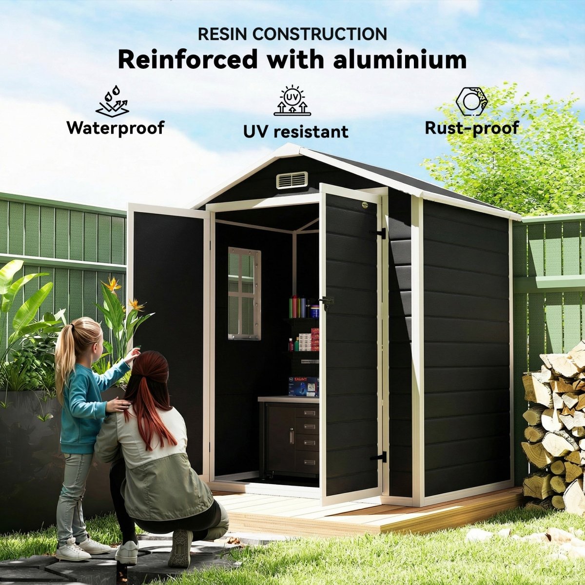 Outsunny 6'x4.5' Garden Storage Shed, Lockable Garden Shed with Double Doors, Window, Vent and Plastic Roof, Black - Dandys Landscape Supplies