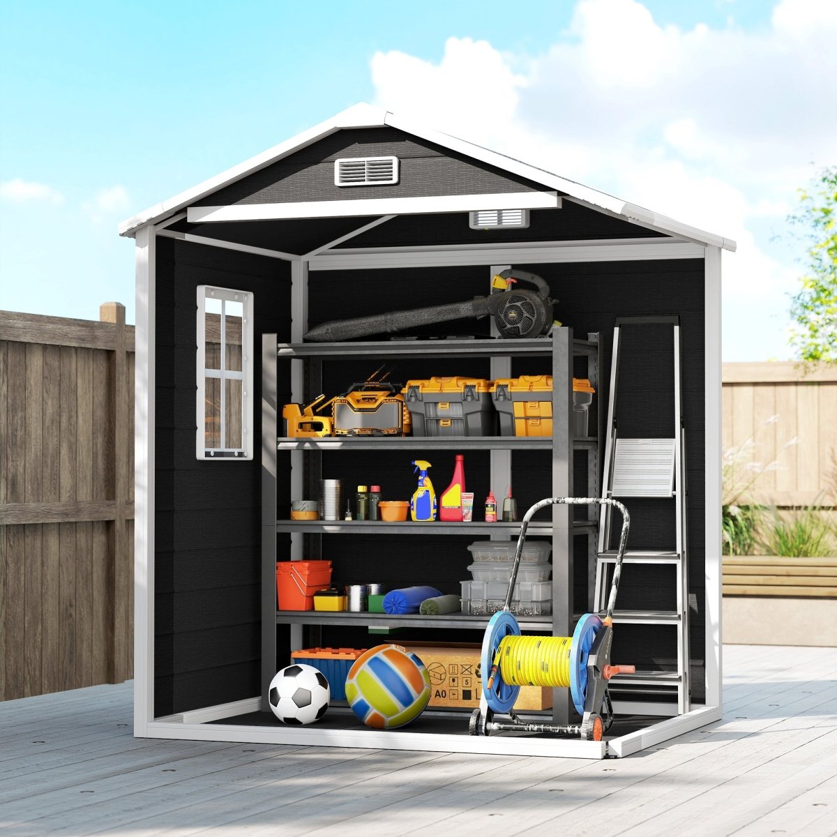 Outsunny 6'x4.5' Garden Storage Shed, Lockable Garden Shed with Double Doors, Window, Vent and Plastic Roof, Black - Dandys Landscape Supplies