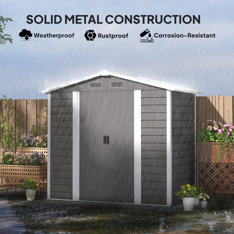 Outsunny 7 x 4ft Garden Shed, Easy to Assemble, Upgraded Galvanised Steel Frame with Foundation Kit, Double Doors with Lock, Outdoor Metal Shed with Vents and Gloves, Garden Storage Shed, Light Grey - Dandys Landscape Supplies