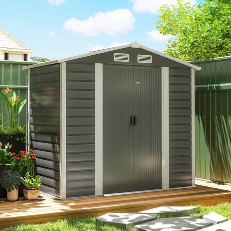 Outsunny 7 x 4ft Garden Shed, Easy to Assemble, Upgraded Galvanised Steel Frame with Foundation Kit, Double Doors with Lock, Outdoor Metal Shed with Vents and Gloves, Garden Storage Shed, Dark Grey - Dandys Landscape Supplies