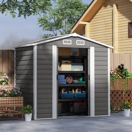 Outsunny 7 x 4ft Garden Shed, Easy to Assemble, Upgraded Galvanised Steel Frame with Foundation Kit, Double Doors with Lock, Outdoor Metal Shed with Vents and Gloves, Garden Storage Shed, Light Grey - Dandys Landscape Supplies