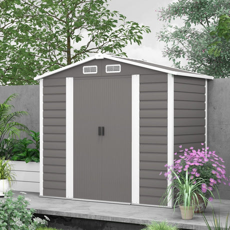 Outsunny 7 x 4ft Garden Shed, Easy to Assemble, Upgraded Galvanised Steel Frame with Foundation Kit, Double Doors with Lock, Outdoor Metal Shed with Vents and Gloves, Garden Storage Shed, Light Grey - Dandys Landscape Supplies