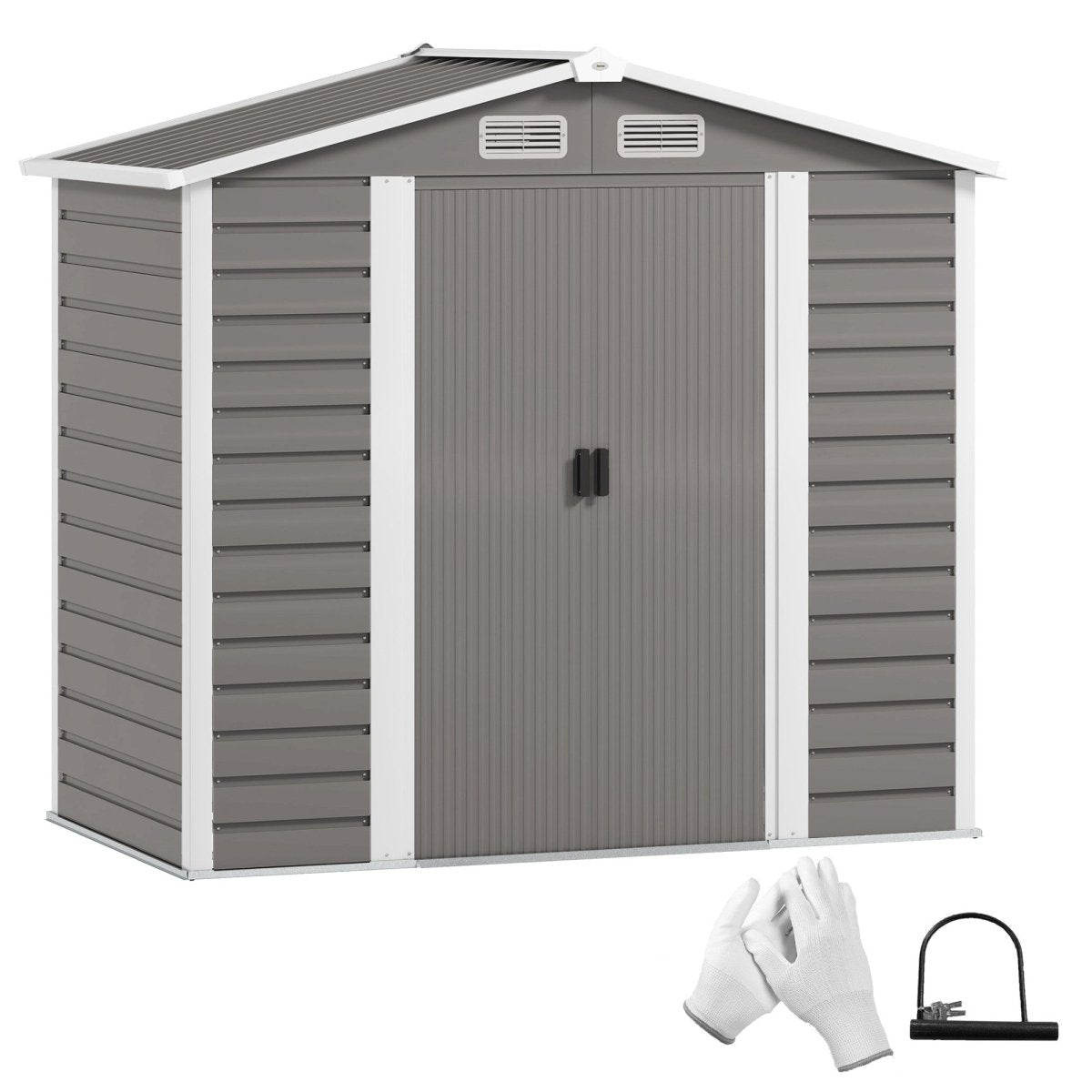 Outsunny 7 x 4ft Garden Shed, Easy to Assemble, Upgraded Galvanised Steel Frame with Foundation Kit, Double Doors with Lock, Outdoor Metal Shed with Vents and Gloves, Garden Storage Shed, Light Grey - Dandys Landscape Supplies