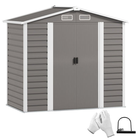 Outsunny 7 x 4ft Garden Shed, Easy to Assemble, Upgraded Galvanised Steel Frame with Foundation Kit, Double Doors with Lock, Outdoor Metal Shed with Vents and Gloves, Garden Storage Shed, Light Grey - Dandys Landscape Supplies