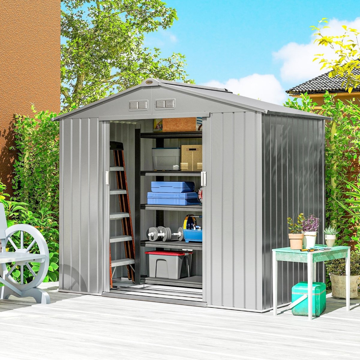 Outsunny 7 x 4ft Lockable Metal Garden Tool Storage Shed Storage - Light Grey - Dandys Landscape Supplies