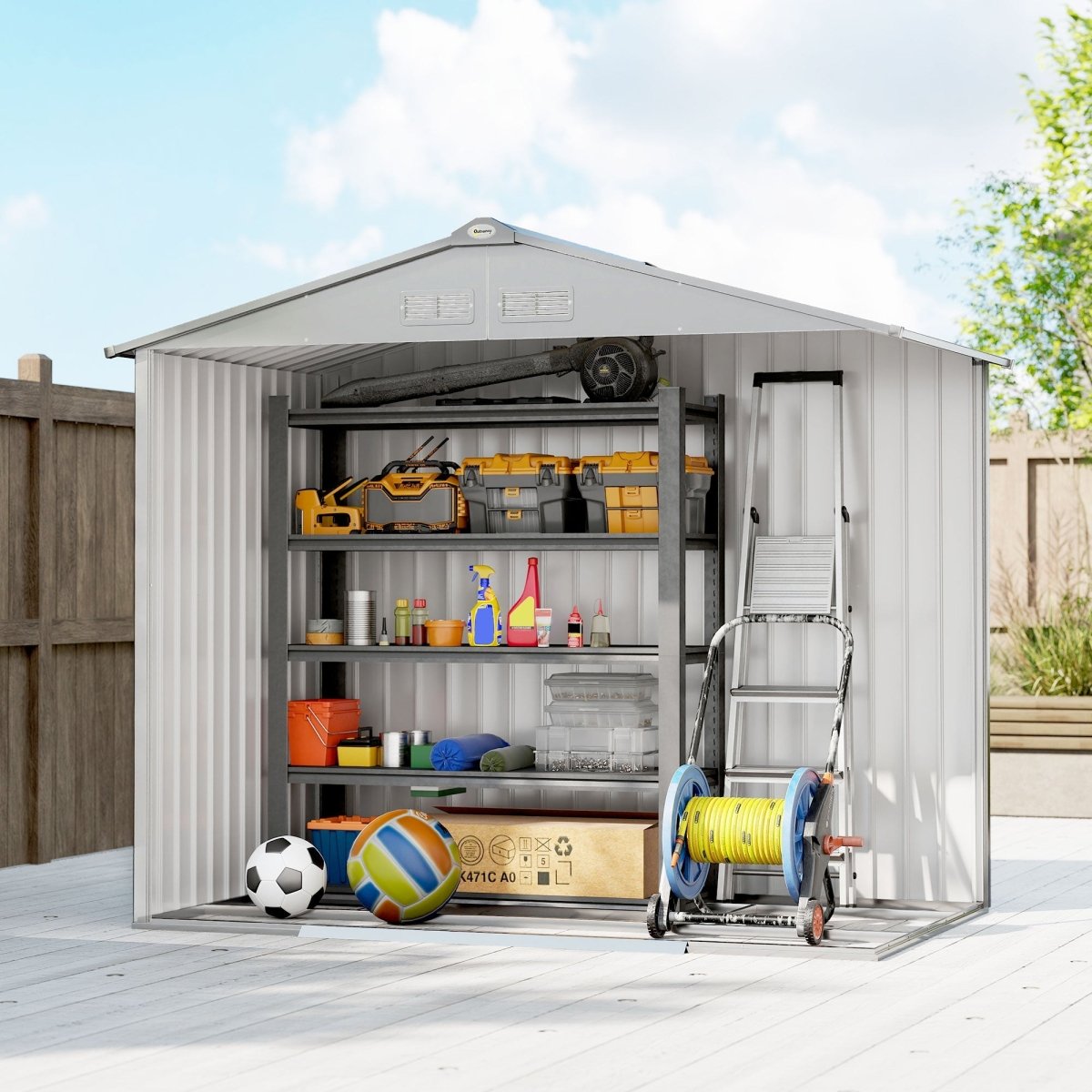 Outsunny 7 x 4ft Lockable Metal Garden Tool Storage Shed Storage - Light Grey - Dandys Landscape Supplies