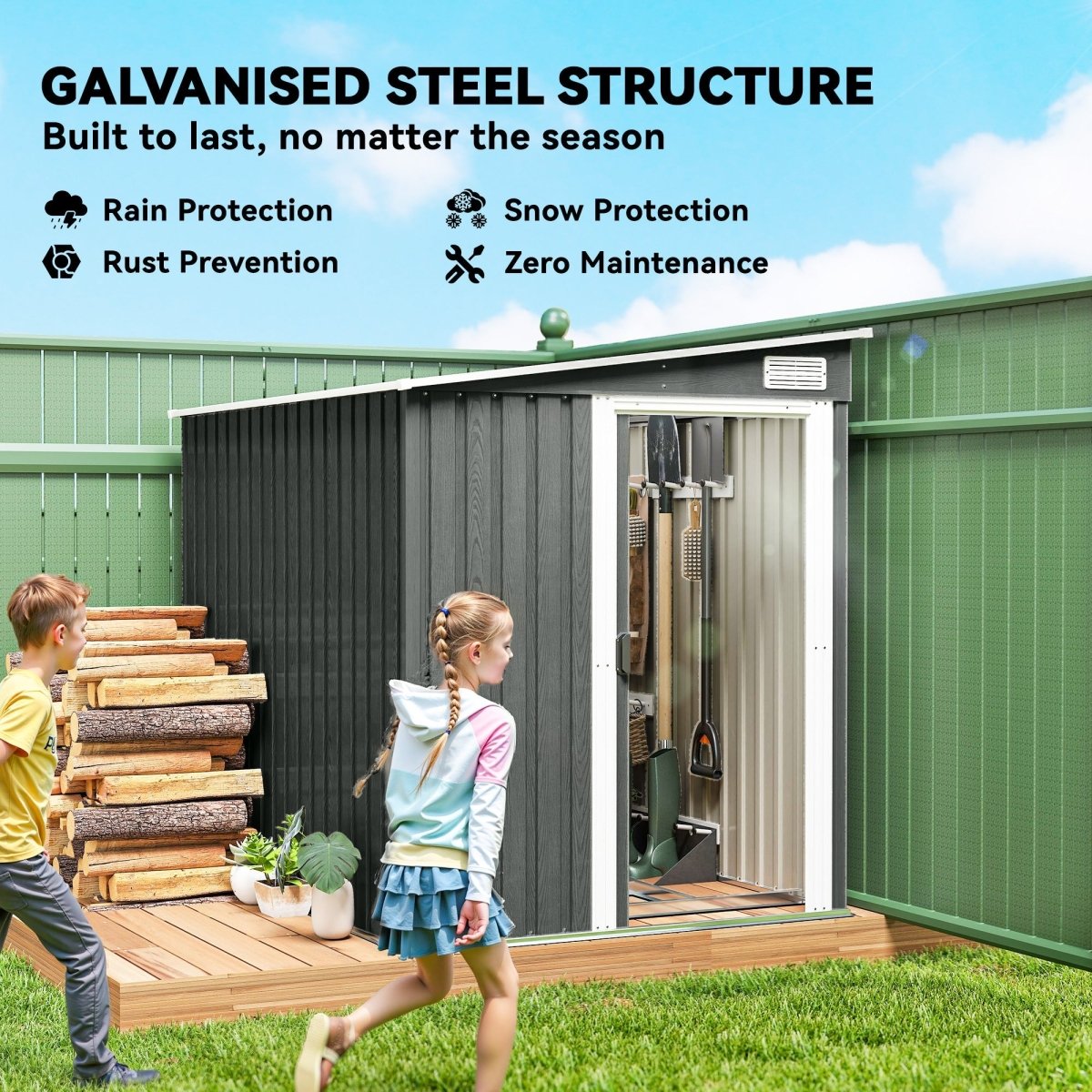 Outsunny 7 x 5ft Galvanised Metal Shed, with Sliding Door - Light Grey - Dandys Landscape Supplies