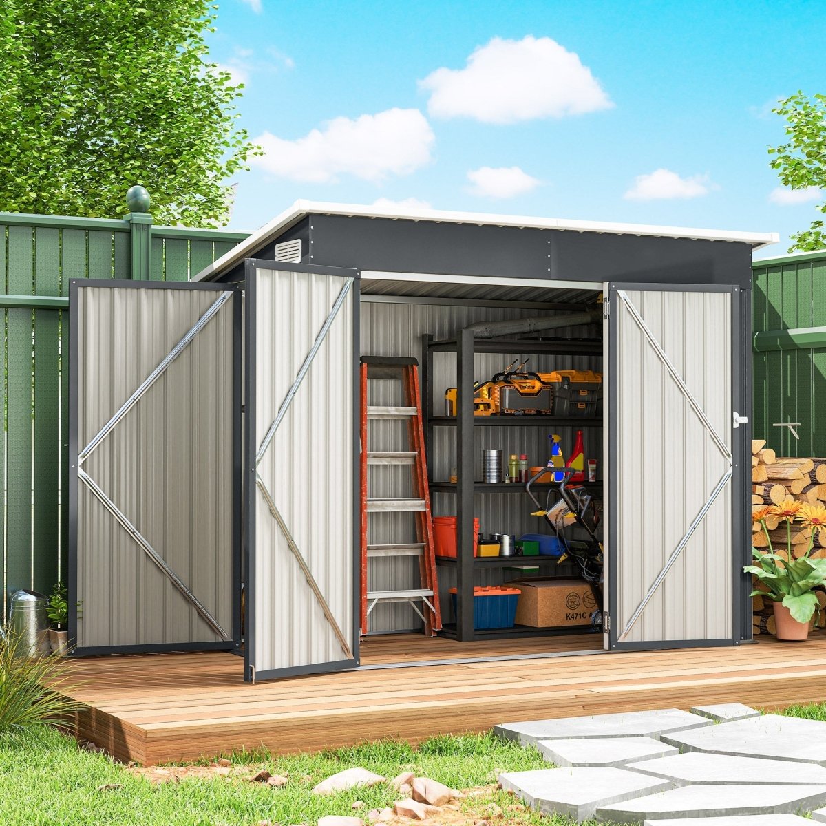 Outsunny 7.5 x 4.3ft Metal Garden Storage Shed, Waterproof Outdoor Shed with Triple Lockable Door, Gloves, Vents, Dark Grey - Dandys Landscape Supplies