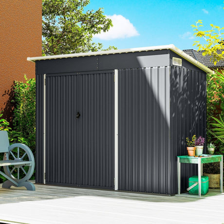 Outsunny 7.5 x 4.3ft Metal Garden Storage Shed, Waterproof Outdoor Shed with Triple Lockable Door, Gloves, Vents, Dark Grey - Dandys Landscape Supplies