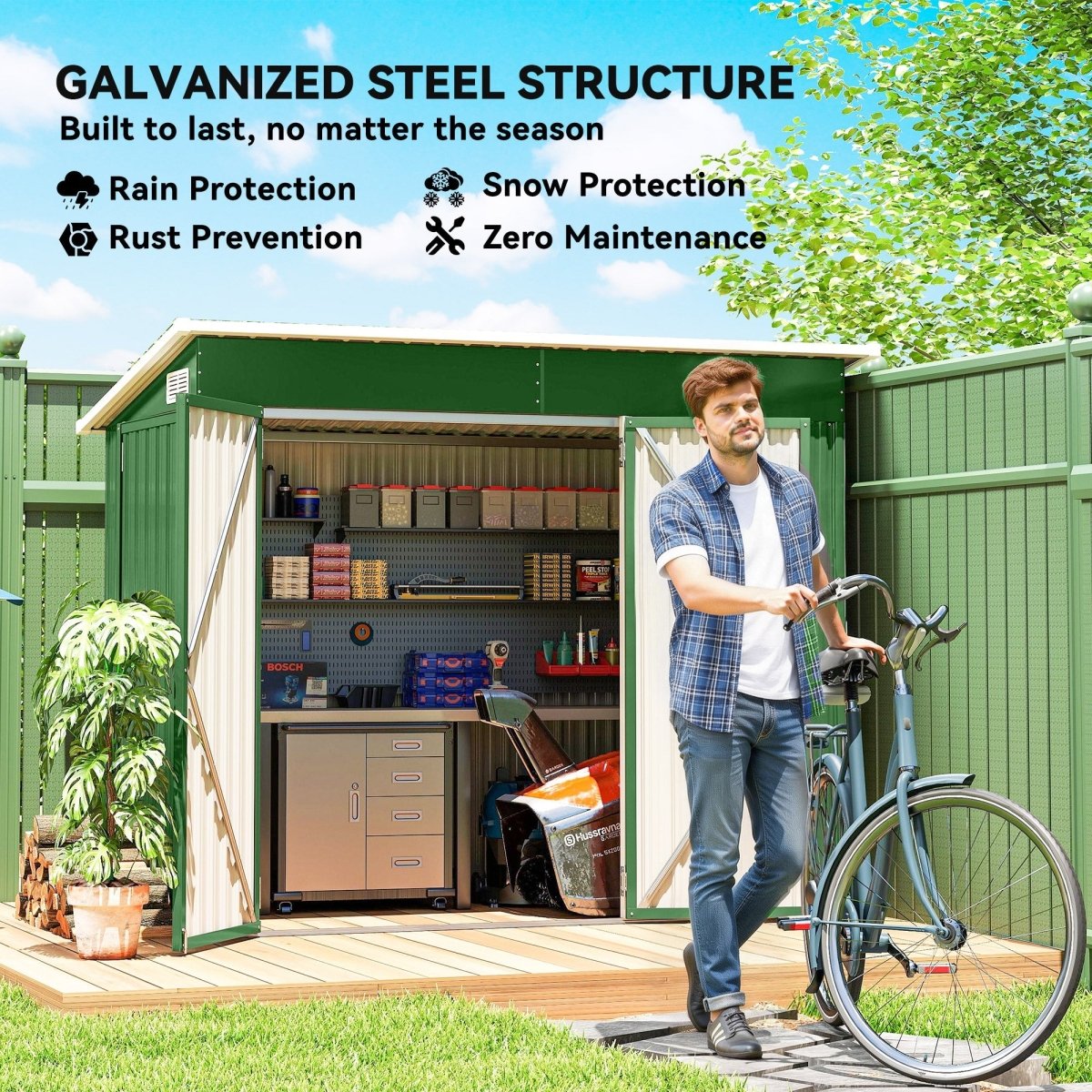 Outsunny 7.5 x 4.3ft Metal Garden Storage Shed, Waterproof Outdoor Shed with Triple Lockable Door, Gloves, Vents, Green - Dandys Landscape Supplies