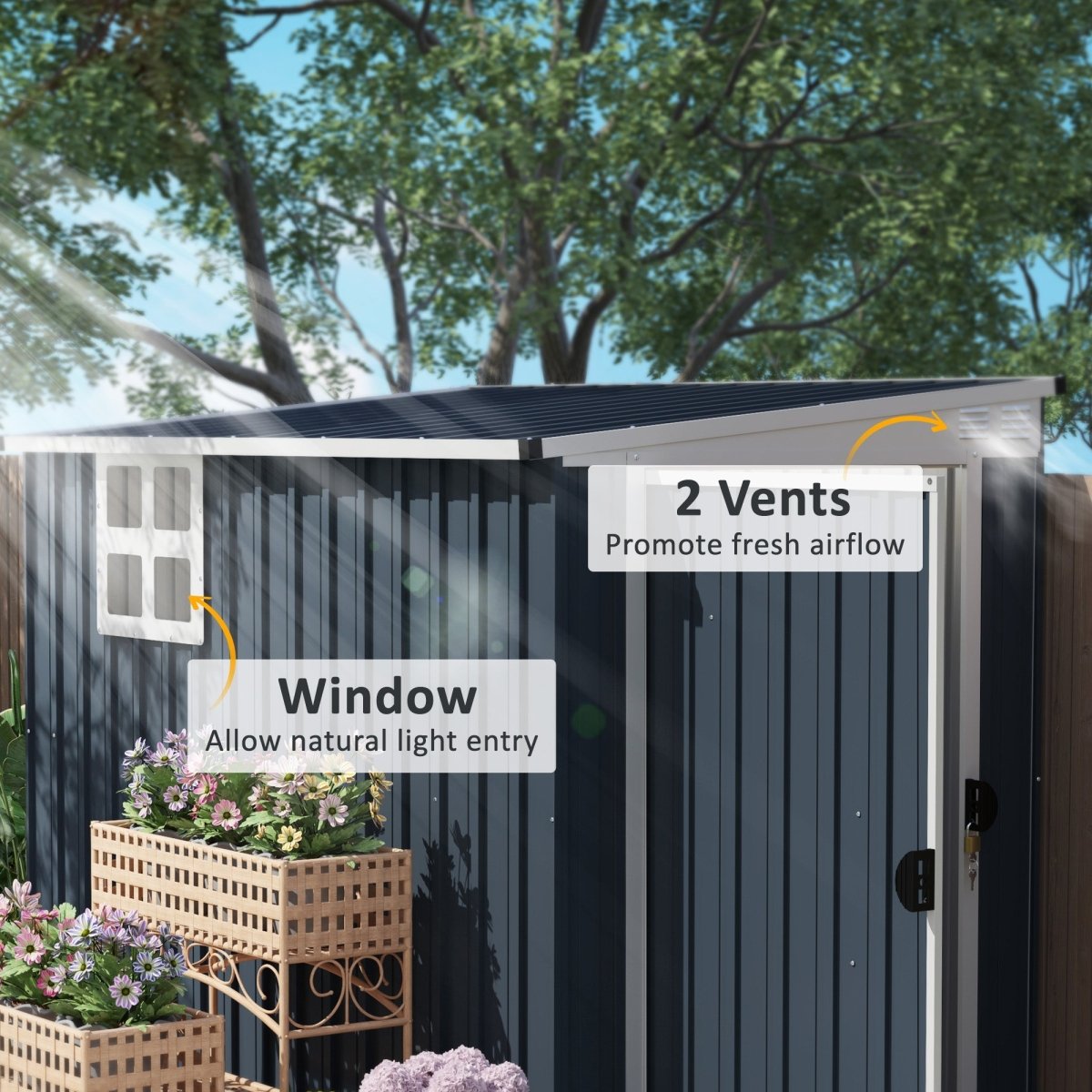 Outsunny 7.6 x 4ft Garden Metal Shed, Outdoor Storage Shed with Window, 2 Vents and Lockable Door for Garden, Patio, Dark Grey - Dandys Landscape Supplies