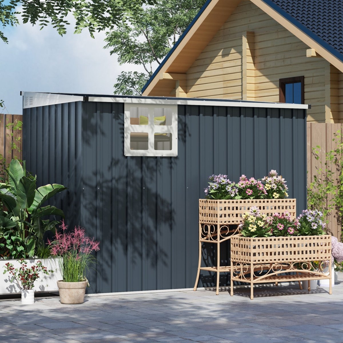 Outsunny 7.6 x 4ft Garden Metal Shed, Outdoor Storage Shed with Window, 2 Vents and Lockable Door for Garden, Patio, Dark Grey - Dandys Landscape Supplies