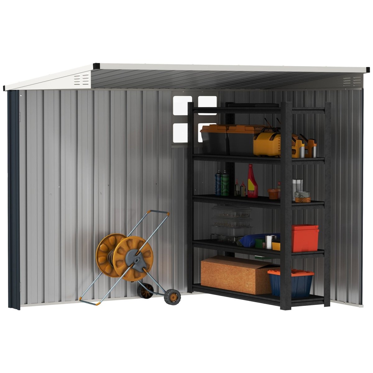 Outsunny 7.6 x 4ft Garden Metal Shed, Outdoor Storage Shed with Window, 2 Vents and Lockable Door for Garden, Patio, Dark Grey - Dandys Landscape Supplies