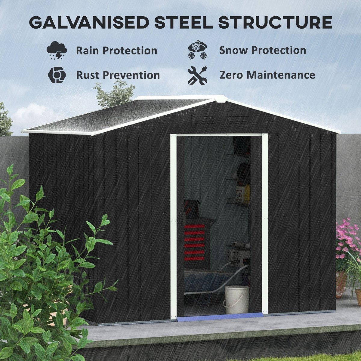 Outsunny 7.7 x 5.7ft Metal Garden Shed, Galvanised Outdoor Tool Storage House with Ventilation Slots and Sliding Doors, Grey - Dandys Landscape Supplies