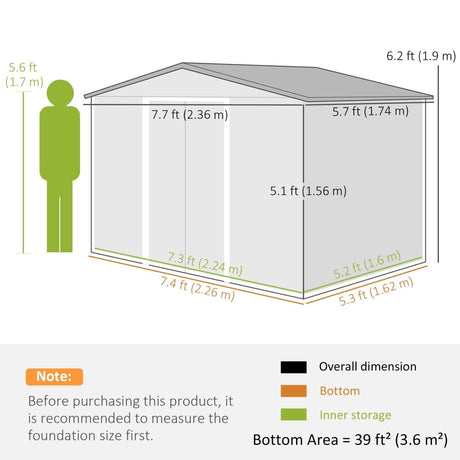 Outsunny 7.7 x 5.7ft Metal Garden Shed, Galvanised Outdoor Tool Storage House with Ventilation Slots and Sliding Doors, Grey - Dandys Landscape Supplies