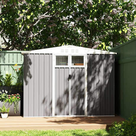 Outsunny 8 x 4 ft Metal Garden Shed, Garden Storage Shed with Window, 4 Vents and Lockable Door, Waterproof Galvanised Steel Tool Storage Shed, Light Grey - Dandys Landscape Supplies