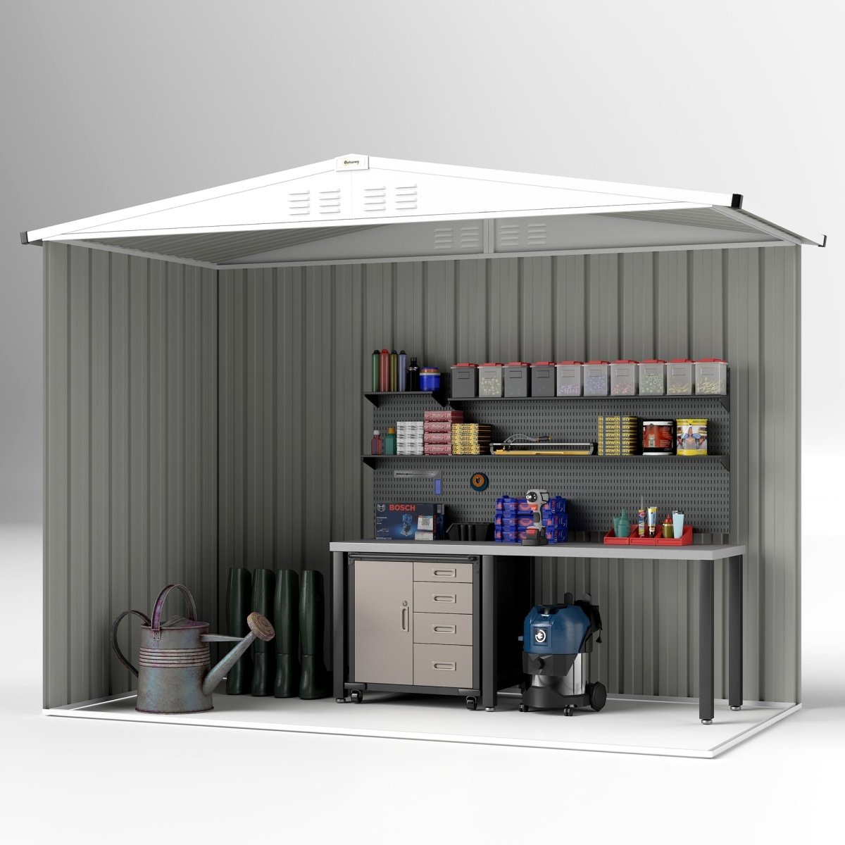 Outsunny 8 x 4 ft Metal Garden Shed, Garden Storage Shed with Window, 4 Vents and Lockable Door, Waterproof Galvanised Steel Tool Storage Shed, Light Grey - Dandys Landscape Supplies