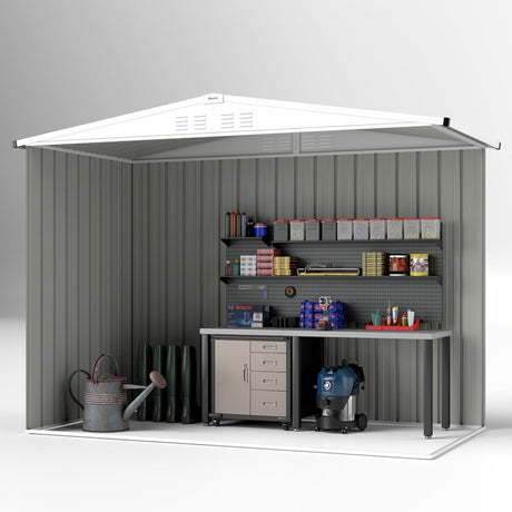 Outsunny 8 x 4 ft Metal Garden Shed, Garden Storage Shed with Window, 4 Vents and Lockable Door, Waterproof Galvanised Steel Tool Storage Shed, Light Grey - Dandys Landscape Supplies