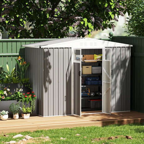 Outsunny 8 x 4 ft Metal Garden Shed, Garden Storage Shed with Window, 4 Vents and Lockable Door, Waterproof Galvanised Steel Tool Storage Shed, Light Grey - Dandys Landscape Supplies