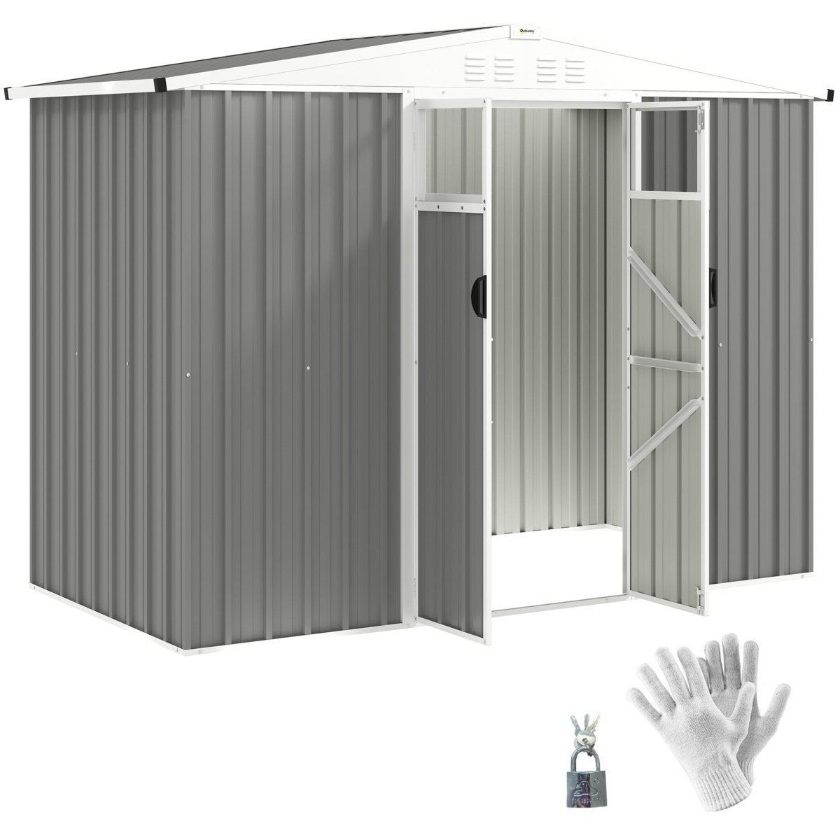 Outsunny 8 x 4 ft Metal Garden Shed, Garden Storage Shed with Window, 4 Vents and Lockable Door, Waterproof Galvanised Steel Tool Storage Shed, Light Grey - Dandys Landscape Supplies
