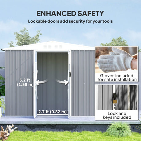 Outsunny 8 x 4 ft Metal Garden Shed, Garden Storage Shed with Window, 4 Vents and Lockable Door, Waterproof Galvanised Steel Tool Storage Shed, Light Grey - Dandys Landscape Supplies