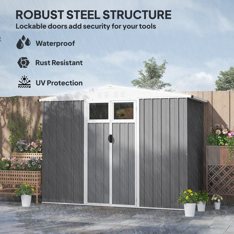 Outsunny 8 x 4 ft Metal Garden Shed, Garden Storage Shed with Window, 4 Vents and Lockable Door, Waterproof Galvanised Steel Tool Storage Shed, Light Grey - Dandys Landscape Supplies