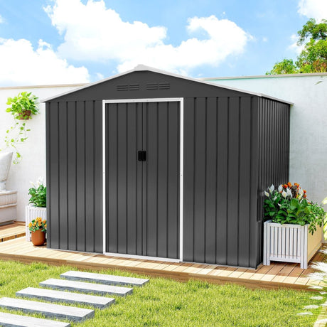 Outsunny 8 x 6ft Galvanised Steel Shed, with Double Door - Dark Grey - Dandys Landscape Supplies