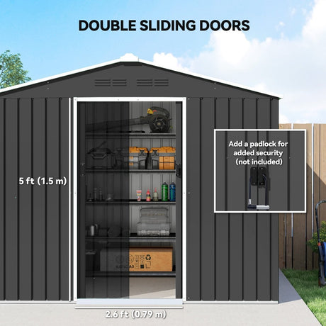 Outsunny 8 x 6ft Galvanised Steel Shed, with Double Door - Dark Grey - Dandys Landscape Supplies