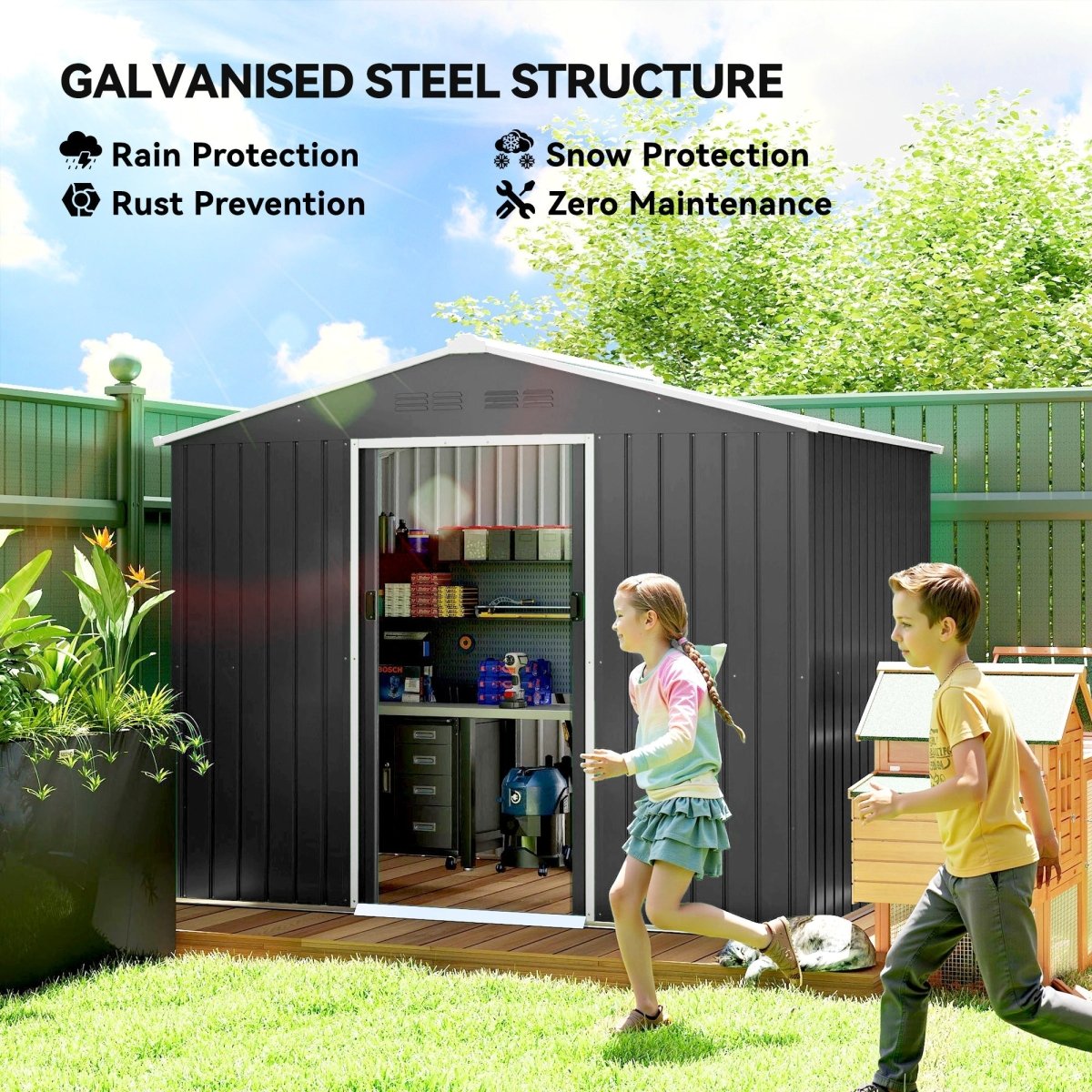 Outsunny 8 x 6ft Galvanised Steel Shed, with Double Door - Dark Grey - Dandys Landscape Supplies