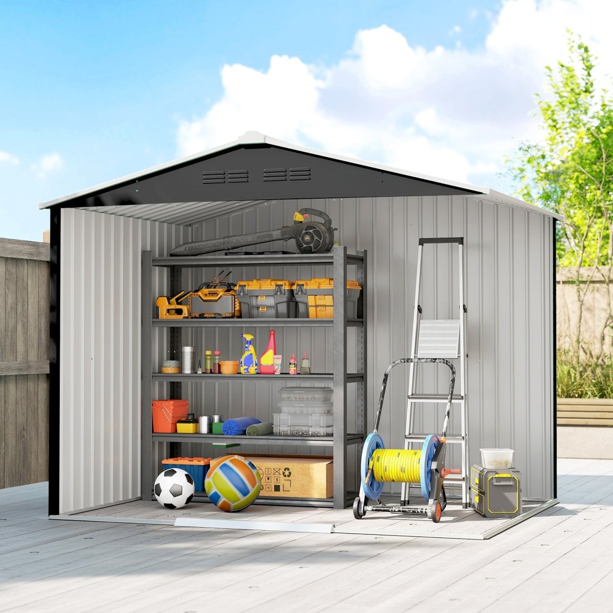 Outsunny 8 x 6ft Galvanised Steel Shed, with Double Door - Dark Grey - Dandys Landscape Supplies