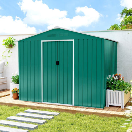 Outsunny 8 x 6ft Galvanised Steel Shed, with Double Door - Green - Dandys Landscape Supplies